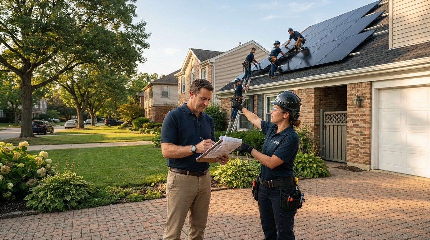 Homeowner with clipboard reviews solar paperwork in front yard as crew installs black panels on a two-story house roof