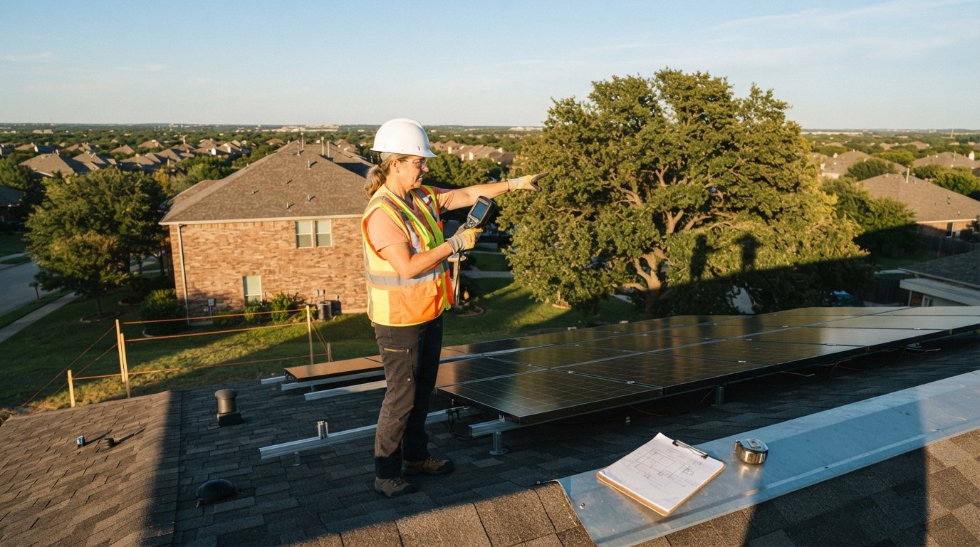 Solar assessor in safety vest and hard hat on rooftop holding a shade analysis tool, pointing at an oak tree shadowing…