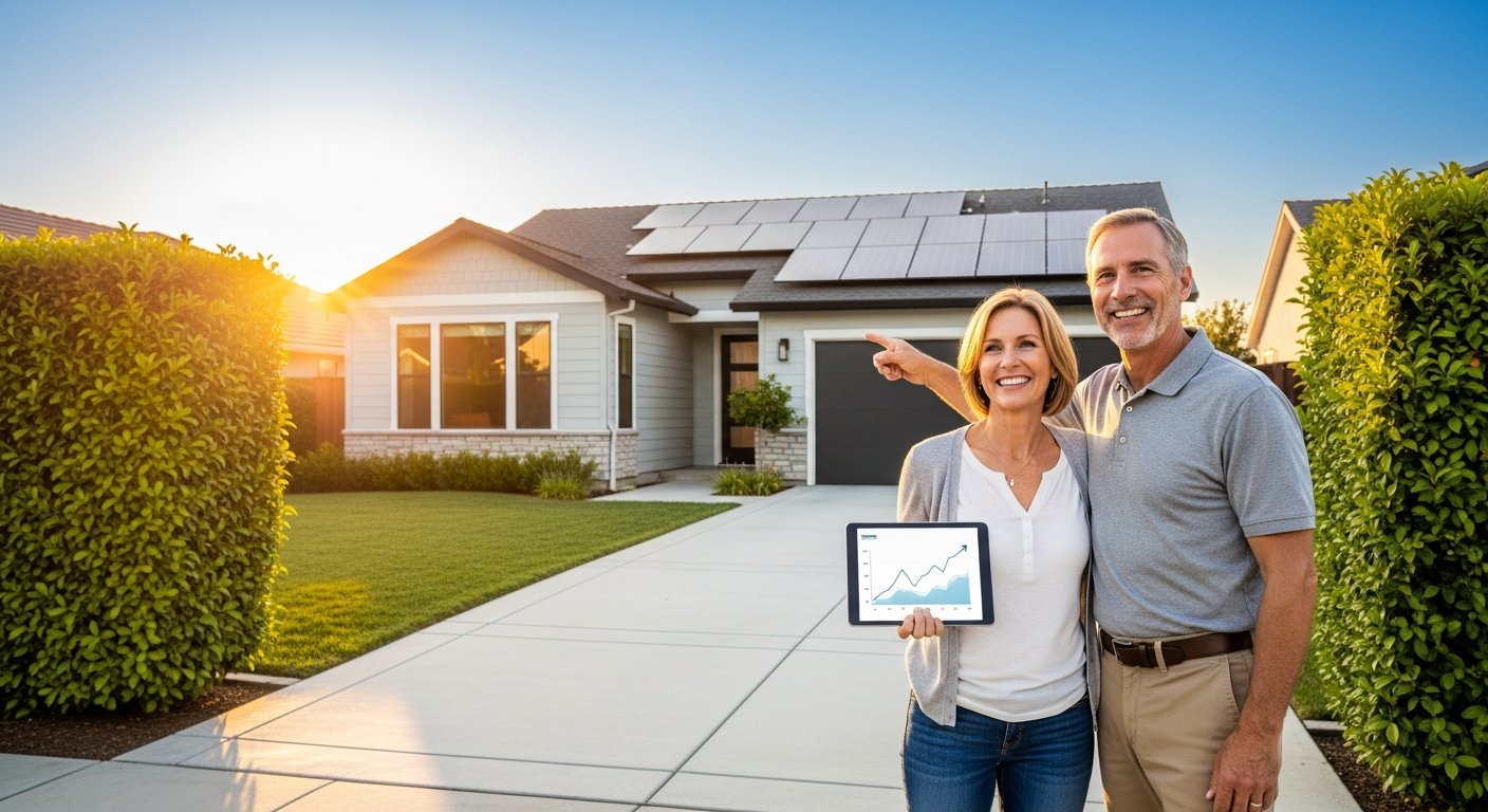 Smiling couple stands on lawn beside a modern suburban home with rooftop solar panels under a clear evening sky