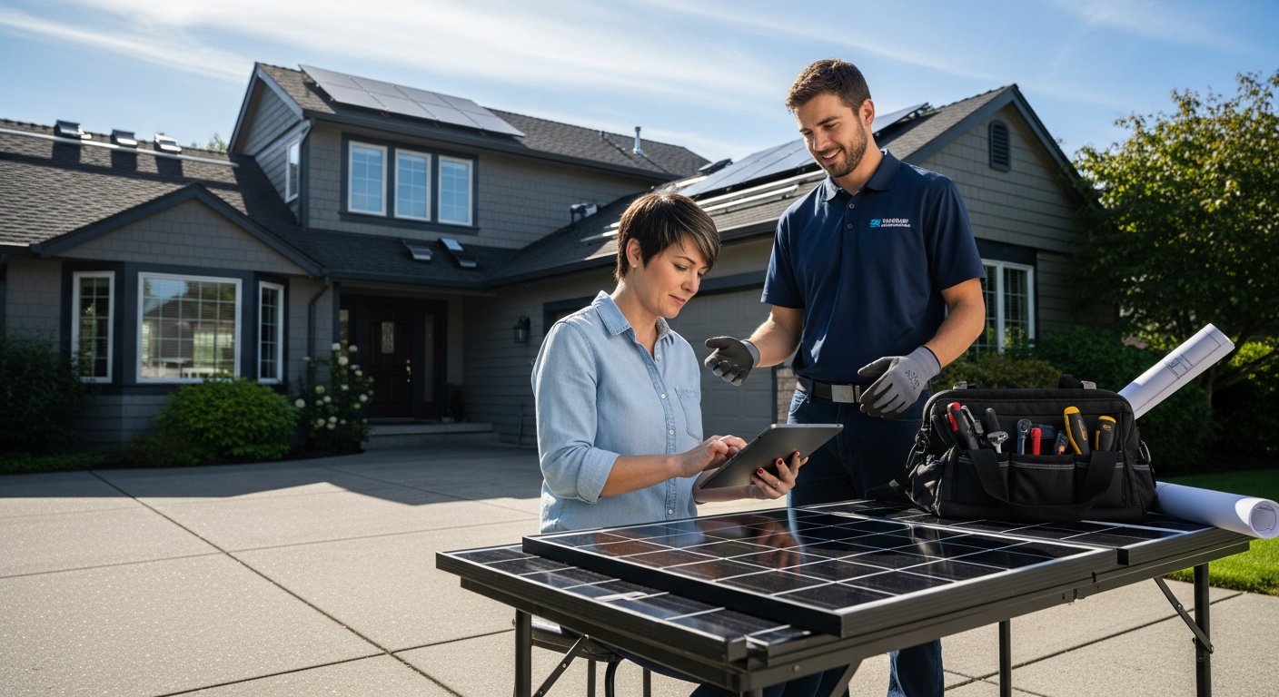 Woman holding tablet while solar installer points to roof of two-story house with solar panels and equipment nearby