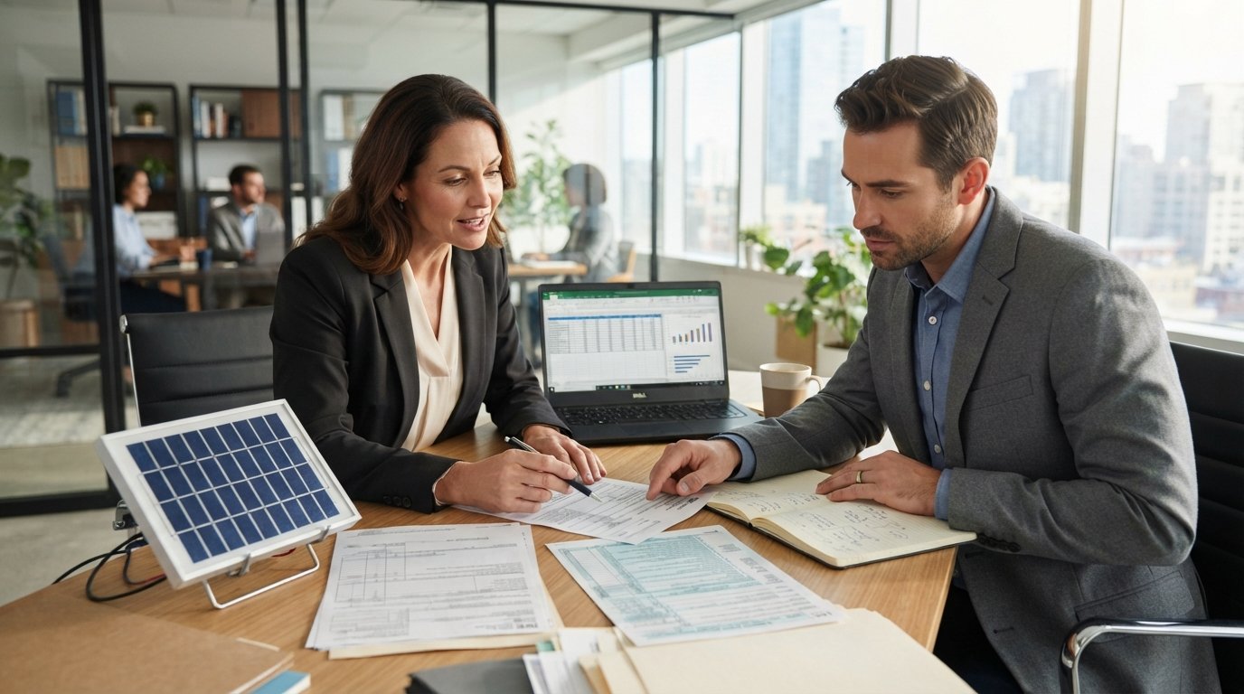 Business owner and accountant at a modern office desk reviewing solar incentive documents, utility bills, and a spreadsheet…