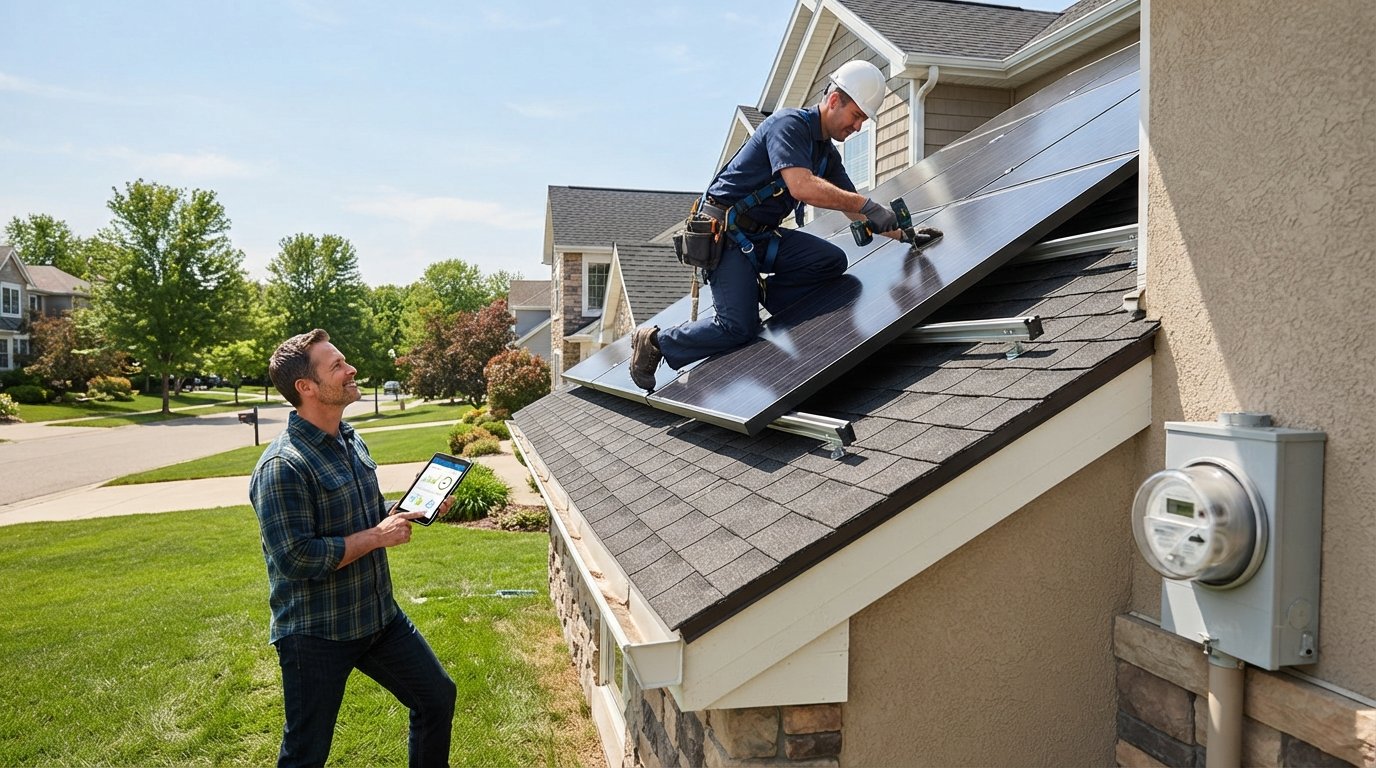 Solar installer in navy uniform and hard hat fastens a dark photovoltaic panel on a suburban home's angled roof while a…