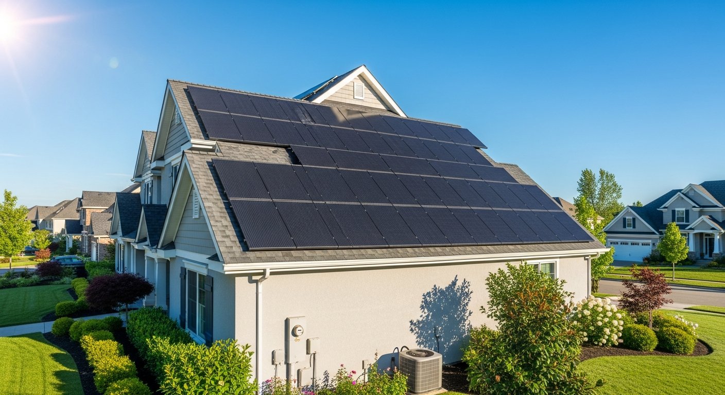 Smiling homeowner holding a tablet stands on a lawn while a solar installer points to dark blue panels on the roof of a…