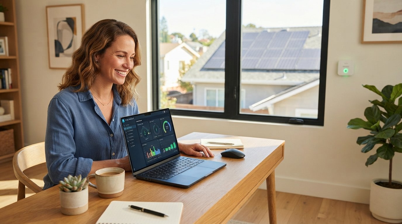 Smiling woman at a laptop viewing a solar energy dashboard, with rooftop solar panels visible through the window behind her