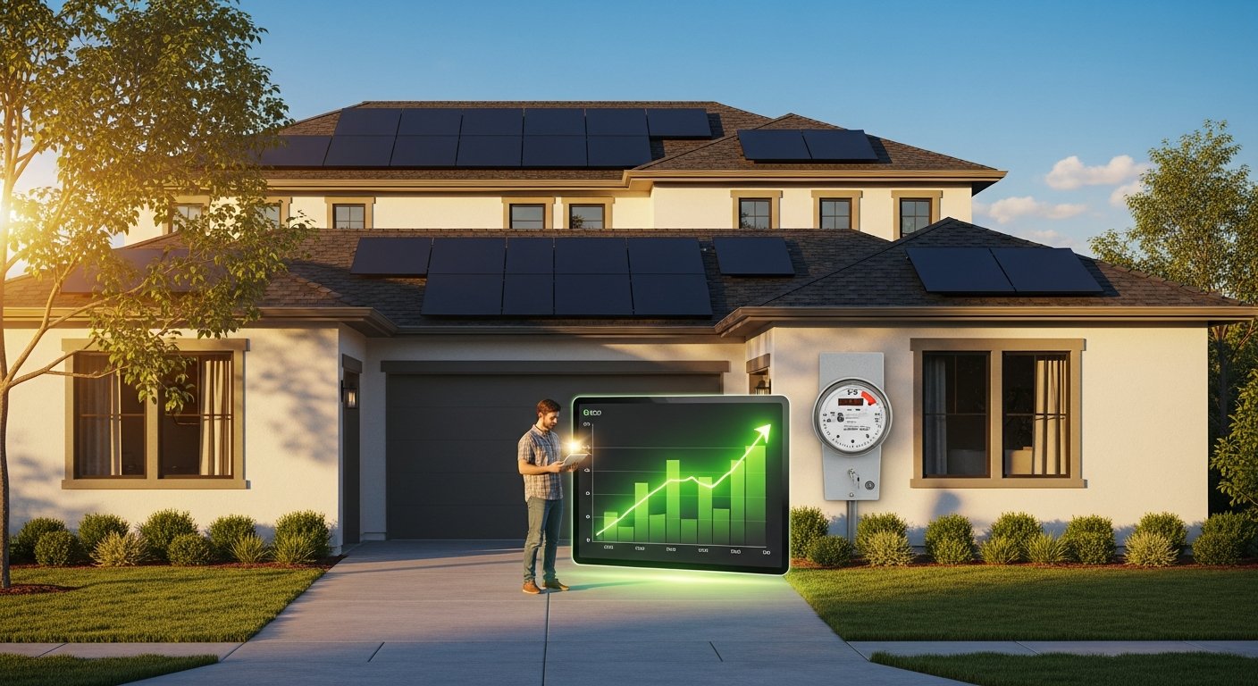 Homeowner stands in driveway holding a tablet displaying a rising energy savings graph, with solar panels on the roof and a…