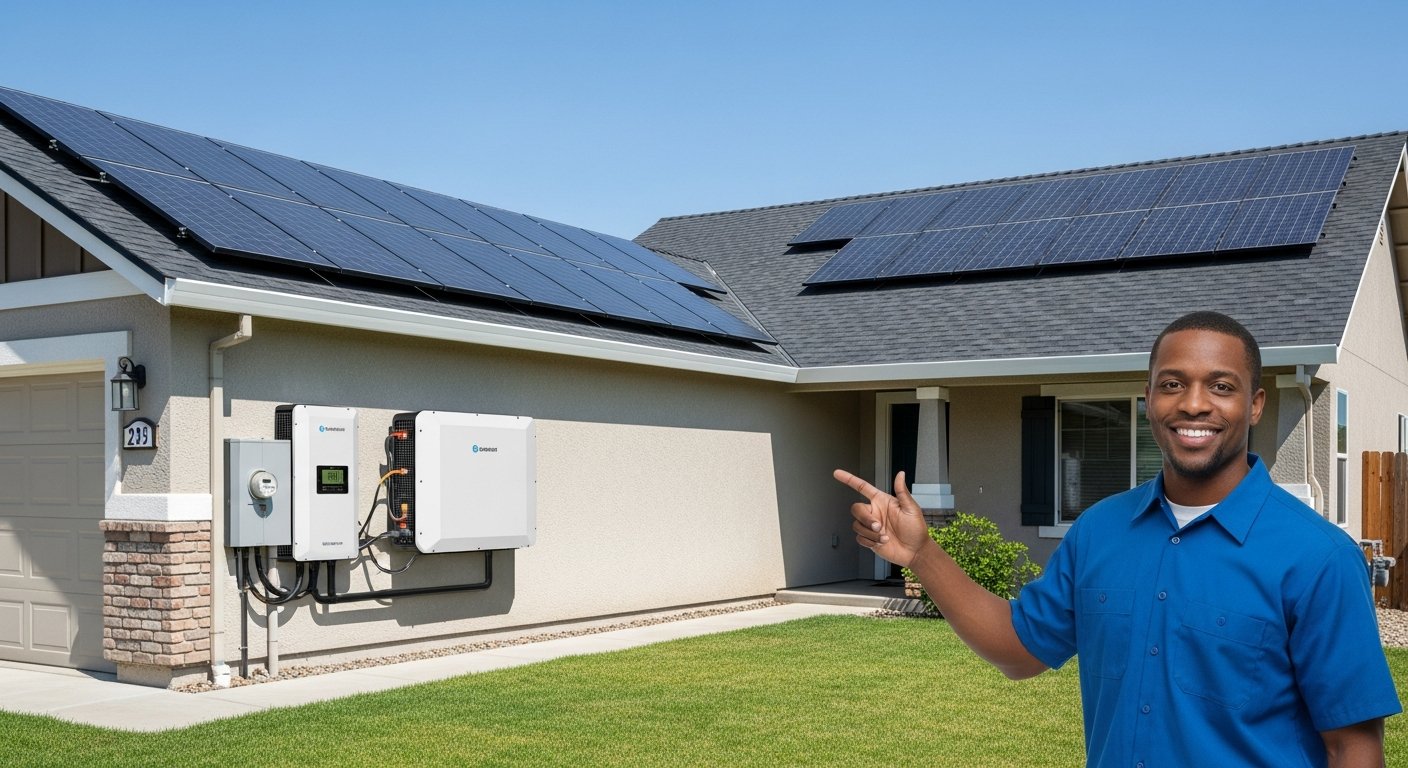 Sunlit home with dark blue solar panels, installer pointing at battery unit on garage wall, meter showing zero consumption