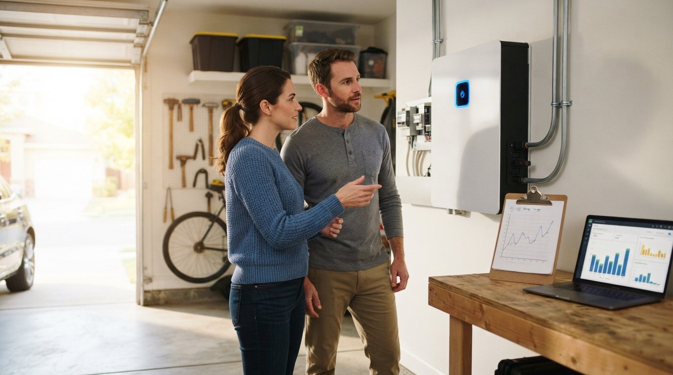 Couple in a garage looking at a wall-mounted white home battery with a glowing indicator, beside a workbench with an energy…