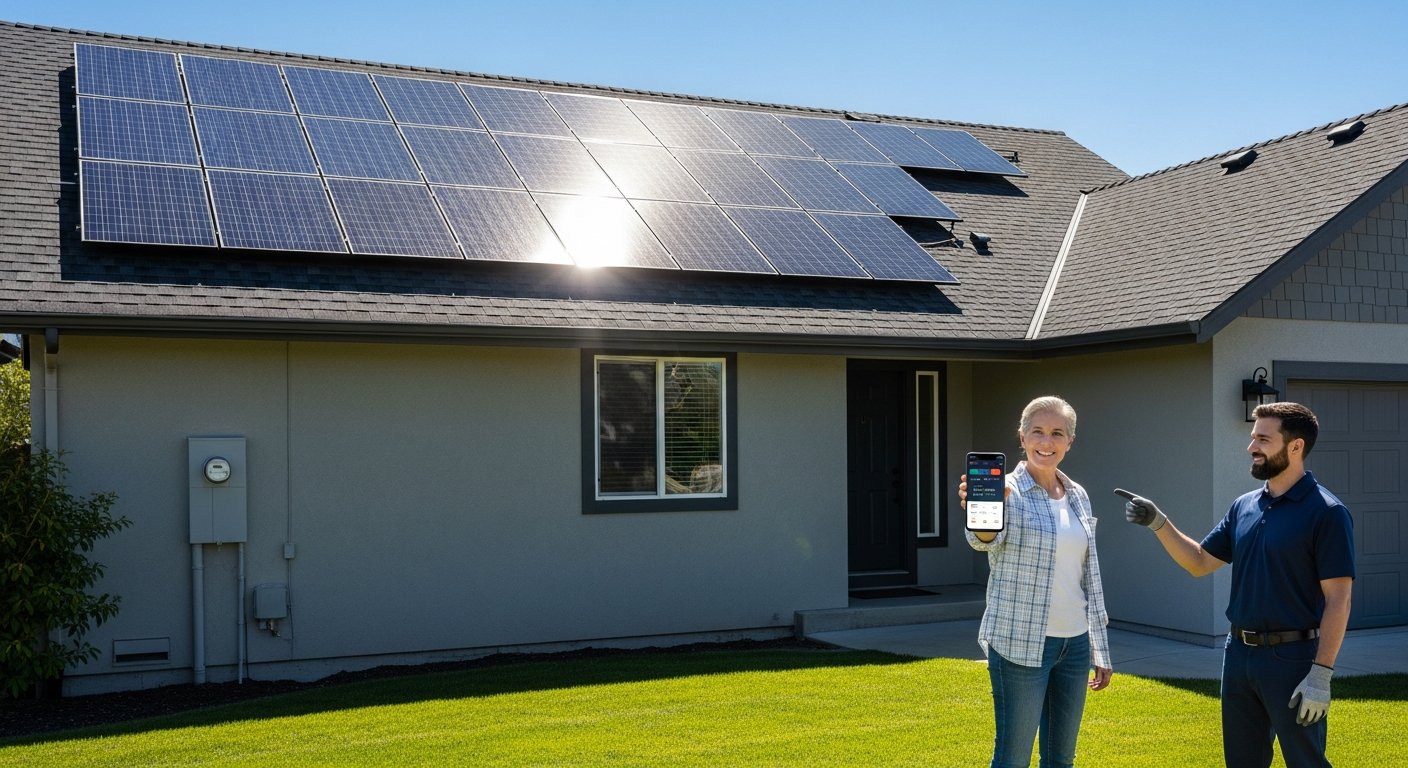 Smiling homeowner holding smartphone while installer points to blue-black solar panels on the roof of a two-story house…
