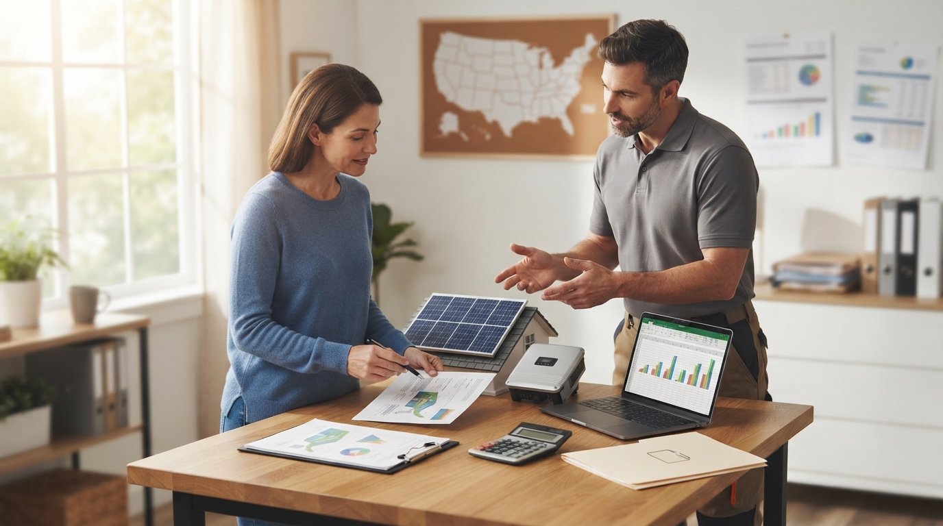 Homeowner and contractor review a solar quote, clipboard, calculator, and state documents at a kitchen table with a small…
