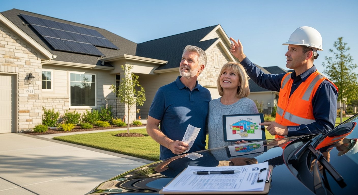 Couple on driveway looks at tablet held by solar installer pointing to their roof