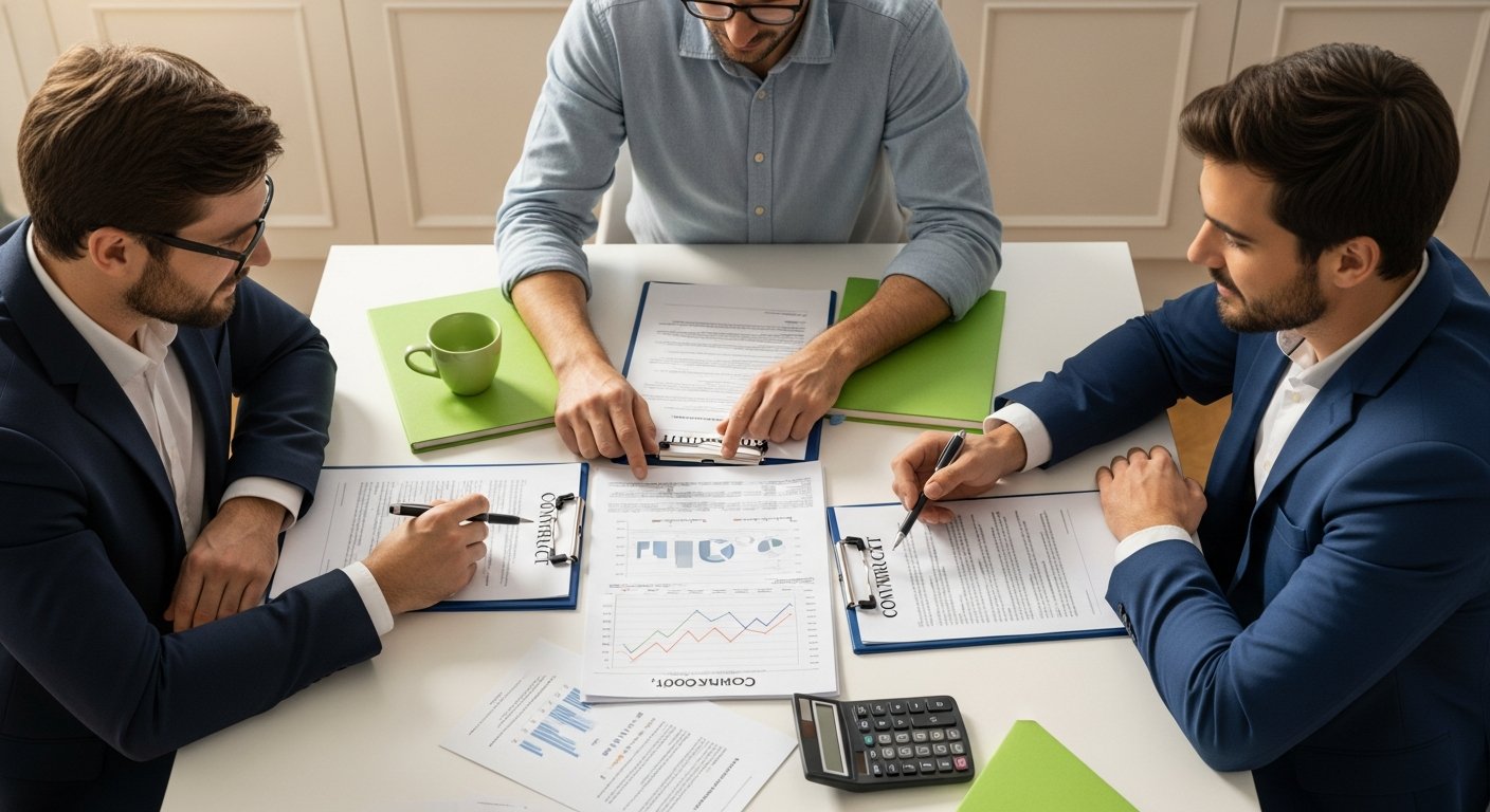 Three adults in business-casual attire comparing solar estimates and a calculator at a bright kitchen table