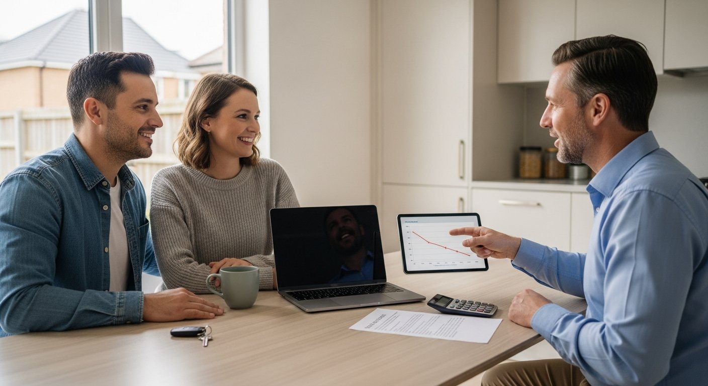 Couple at kitchen table with financial advisor reviewing solar loan documents and cost graph on tablet