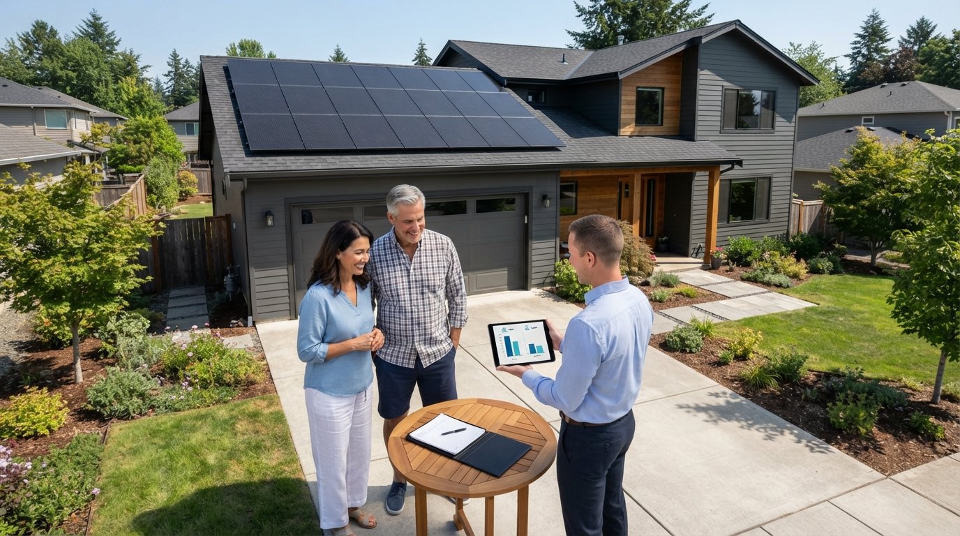 Couple and financial advisor review solar panel financing charts on a tablet in a home driveway