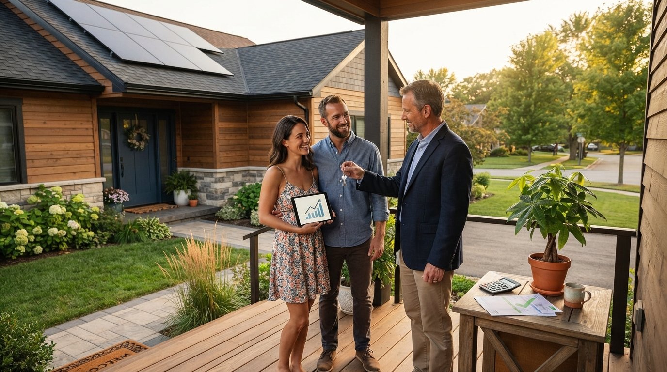 A couple and a financial advisor on a sunny porch reviewing a tablet showing a chart, with solar panels on the roof and a…