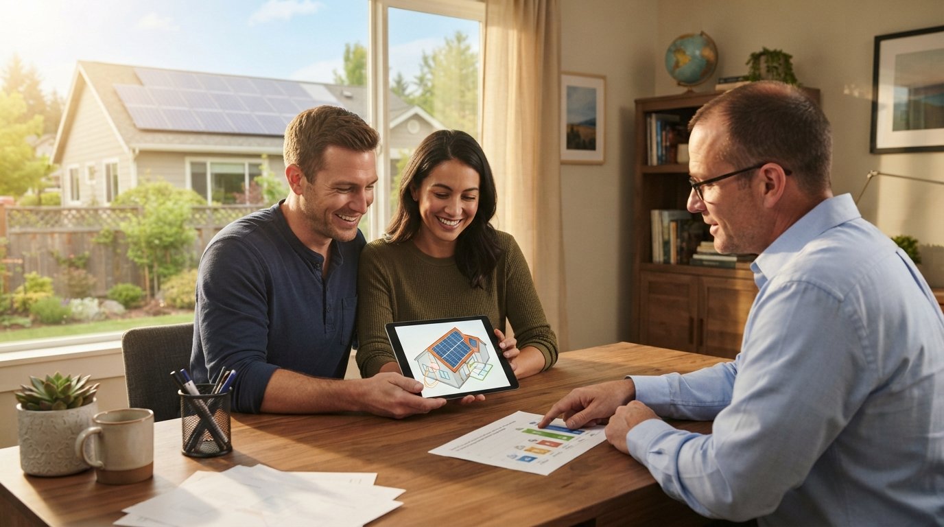 Couple and financial advisor reviewing solar loan comparison chart and tablet with solar panel layout in sunlit home office