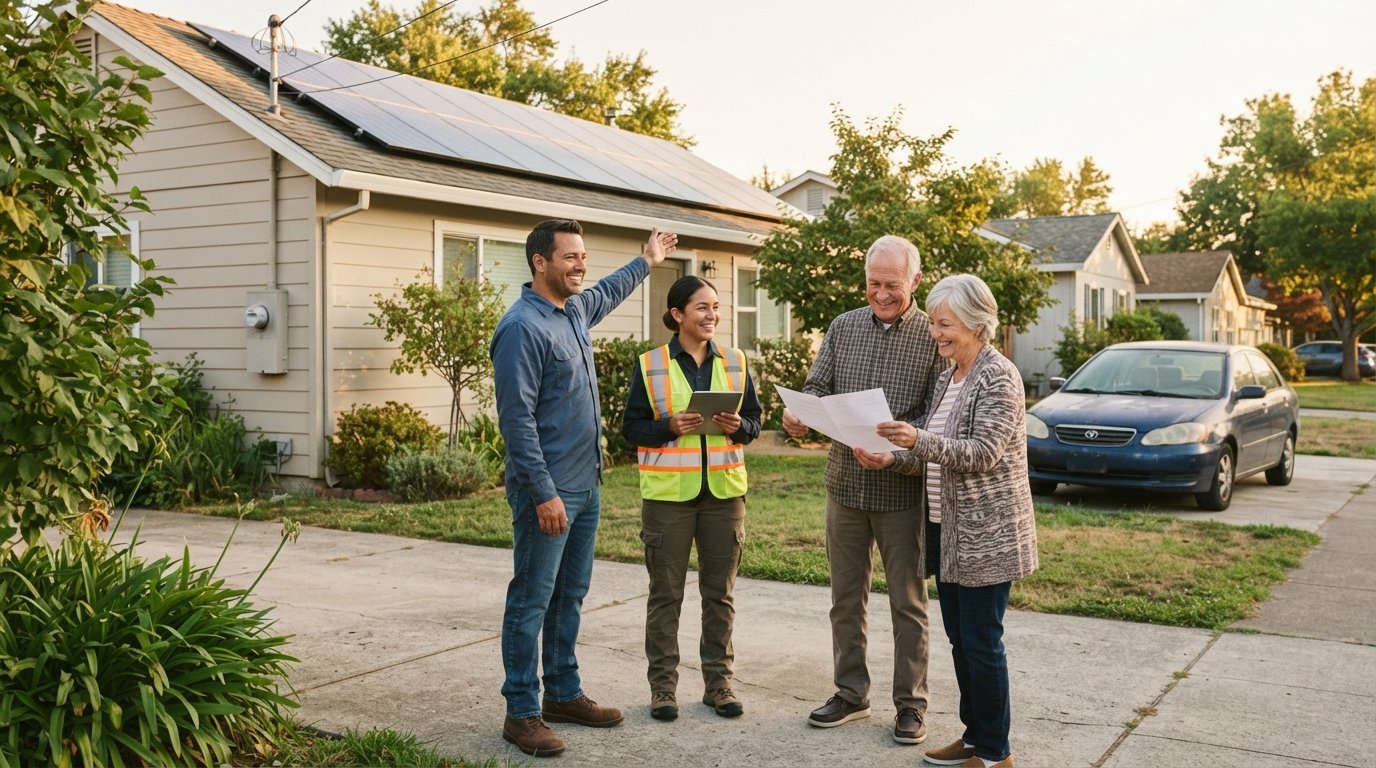 Adults on a driveway talk while looking at a tablet and paper contract near a home with rooftop solar panels at golden hour