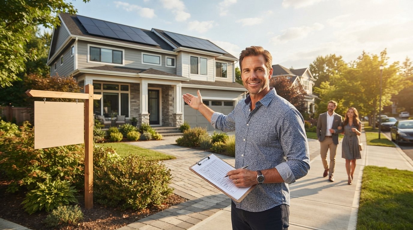 Property owner with a clipboard gesturing toward black solar panels on the roof of a modern two-story duplex, with a blank…