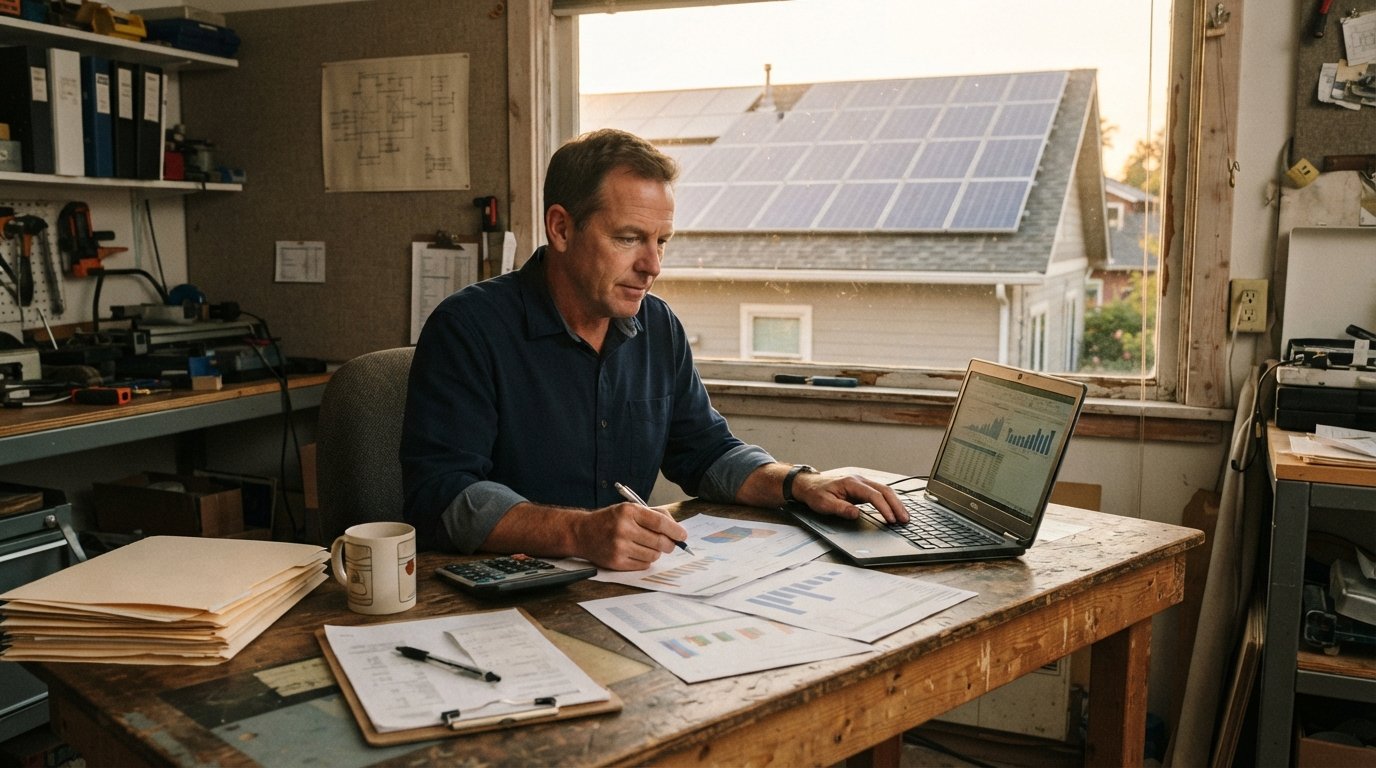 Small business owner in a storefront office reviewing paperwork at a wooden desk with a calculator, laptop, and utility…