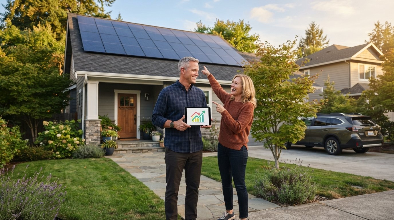 Couple standing in front of a suburban home with solar panels, man holding a tablet, woman pointing at the roof