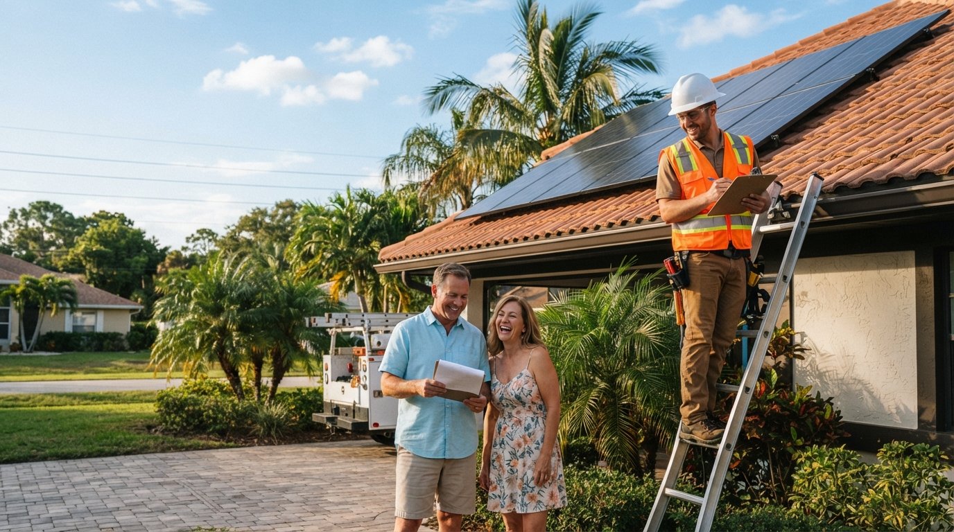 Solar installer in hard hat and safety vest with clipboard beside a Florida homeowner couple reviewing paperwork near…