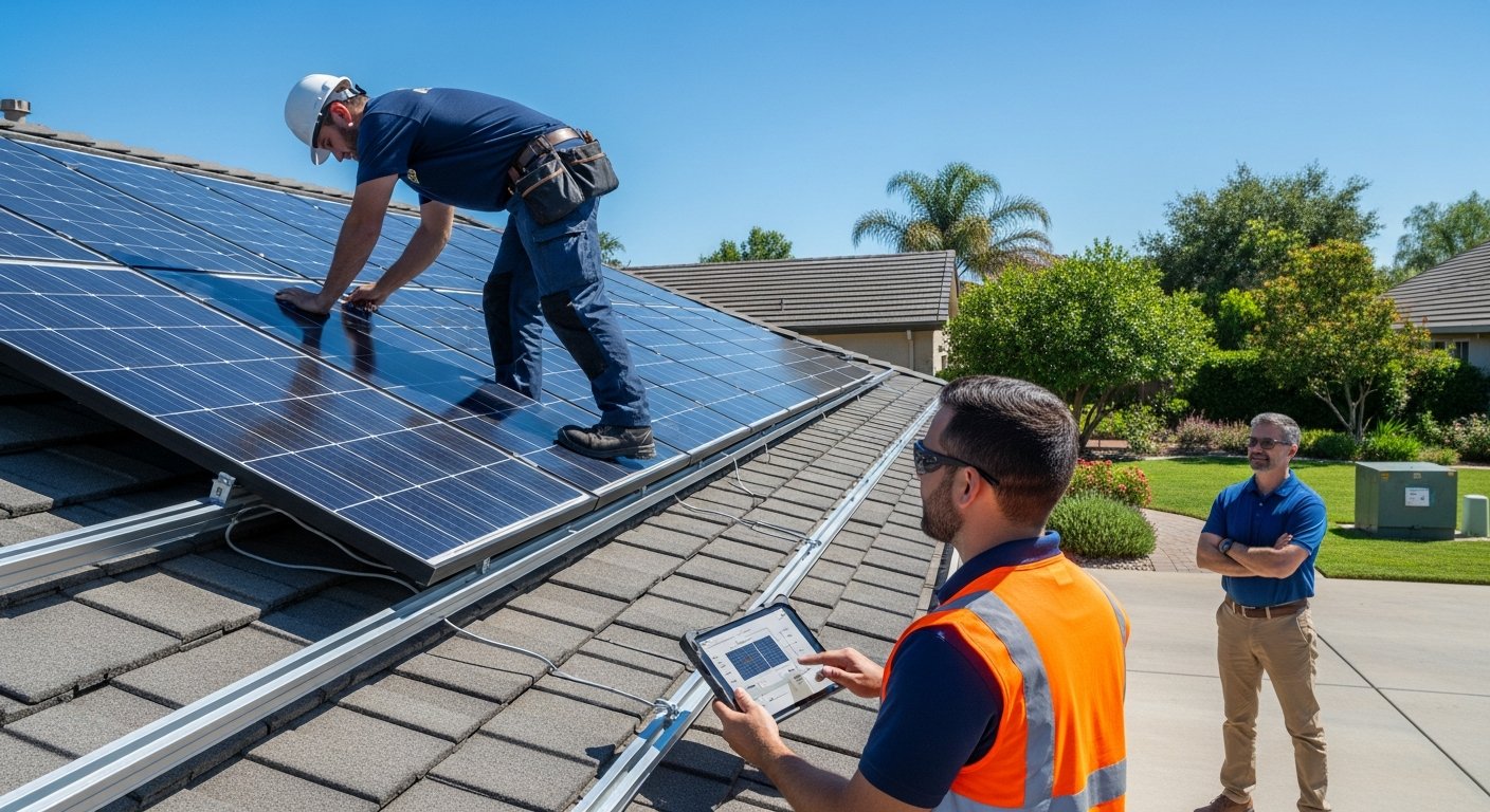 Solar installer in a hard hat and navy shirt kneels on a roof, securing a dark blue solar panel to metal racking while a…