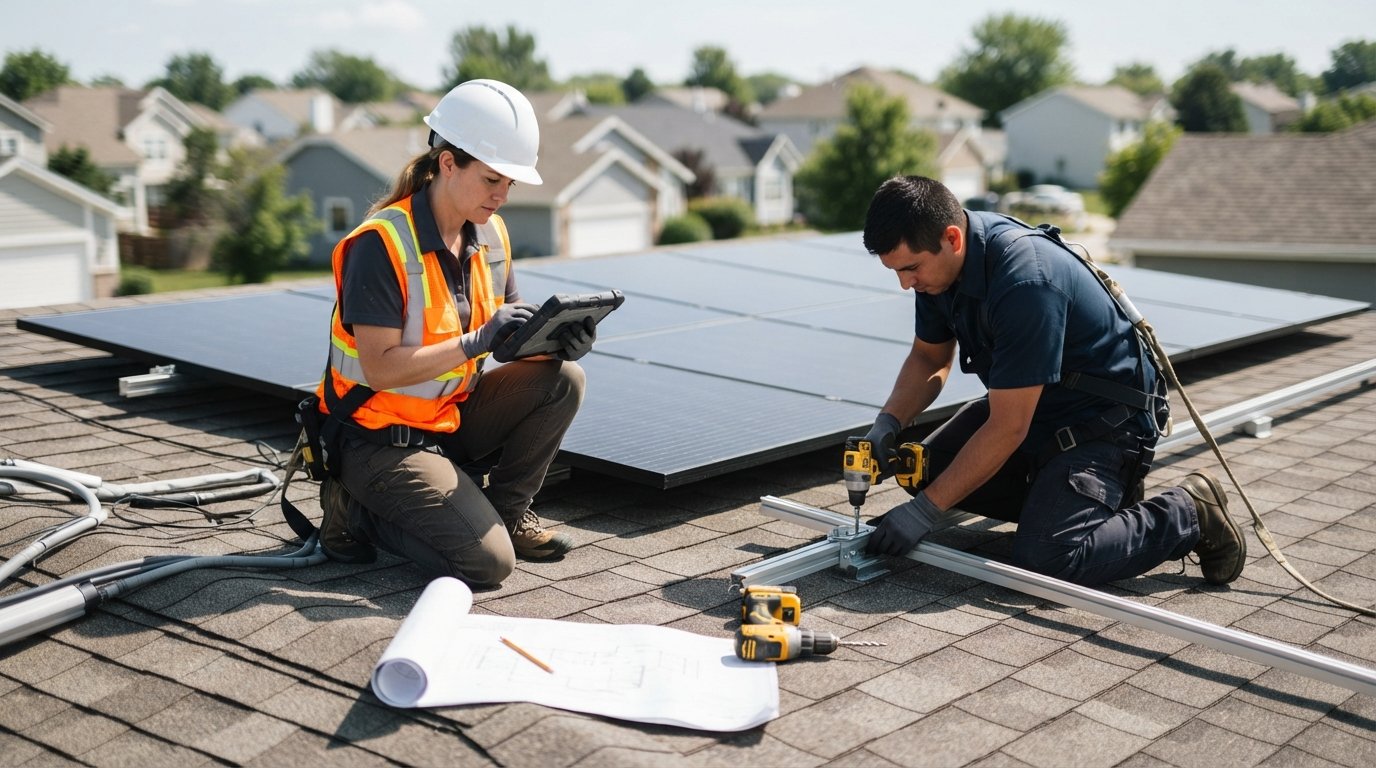 Female solar assessor in hard hat and vest uses a tablet on a residential roof while a male installer secures mounting…