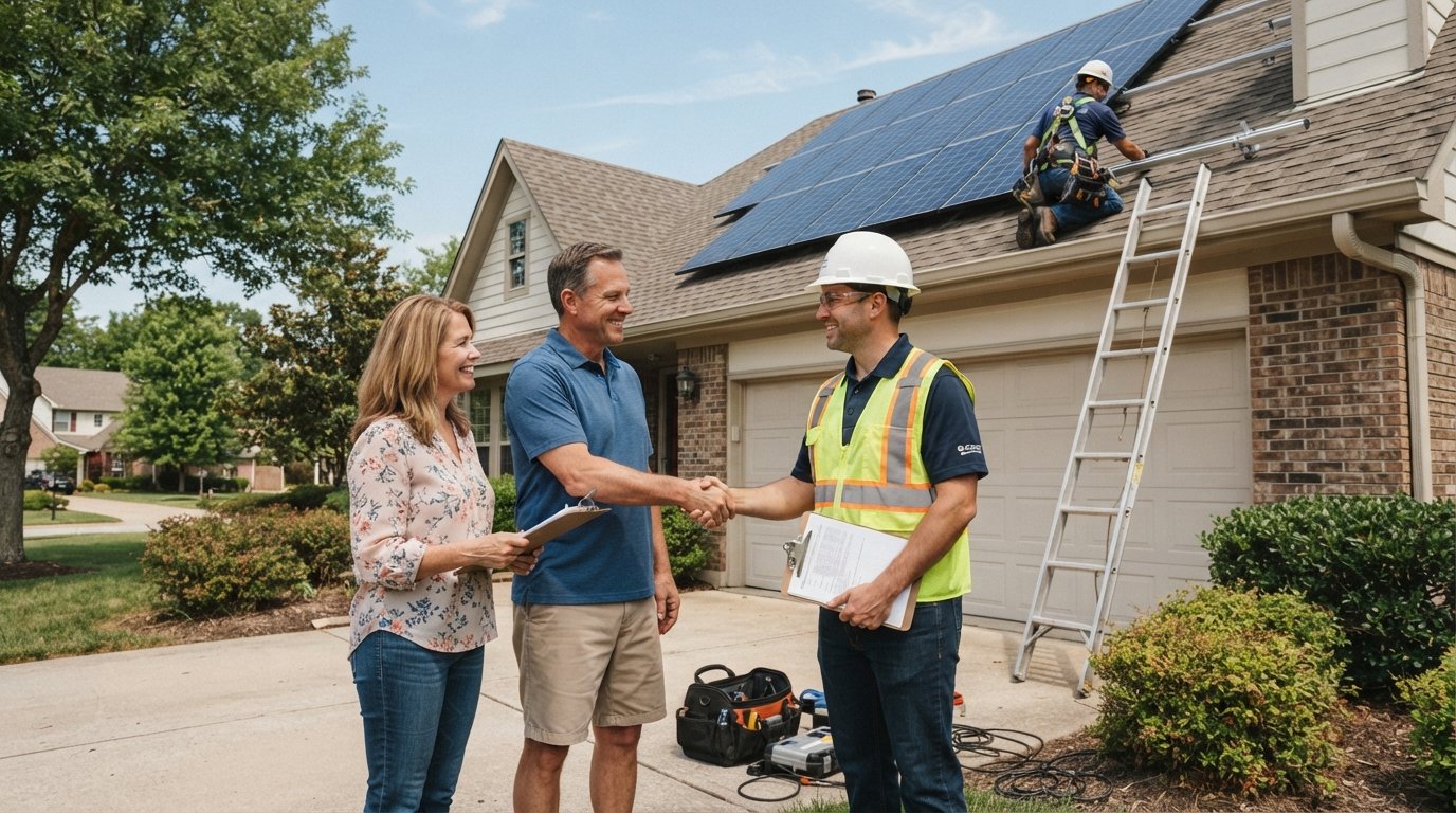 Couple with solar installer reviewing documents beside a home with rooftop solar panels on a sunny day