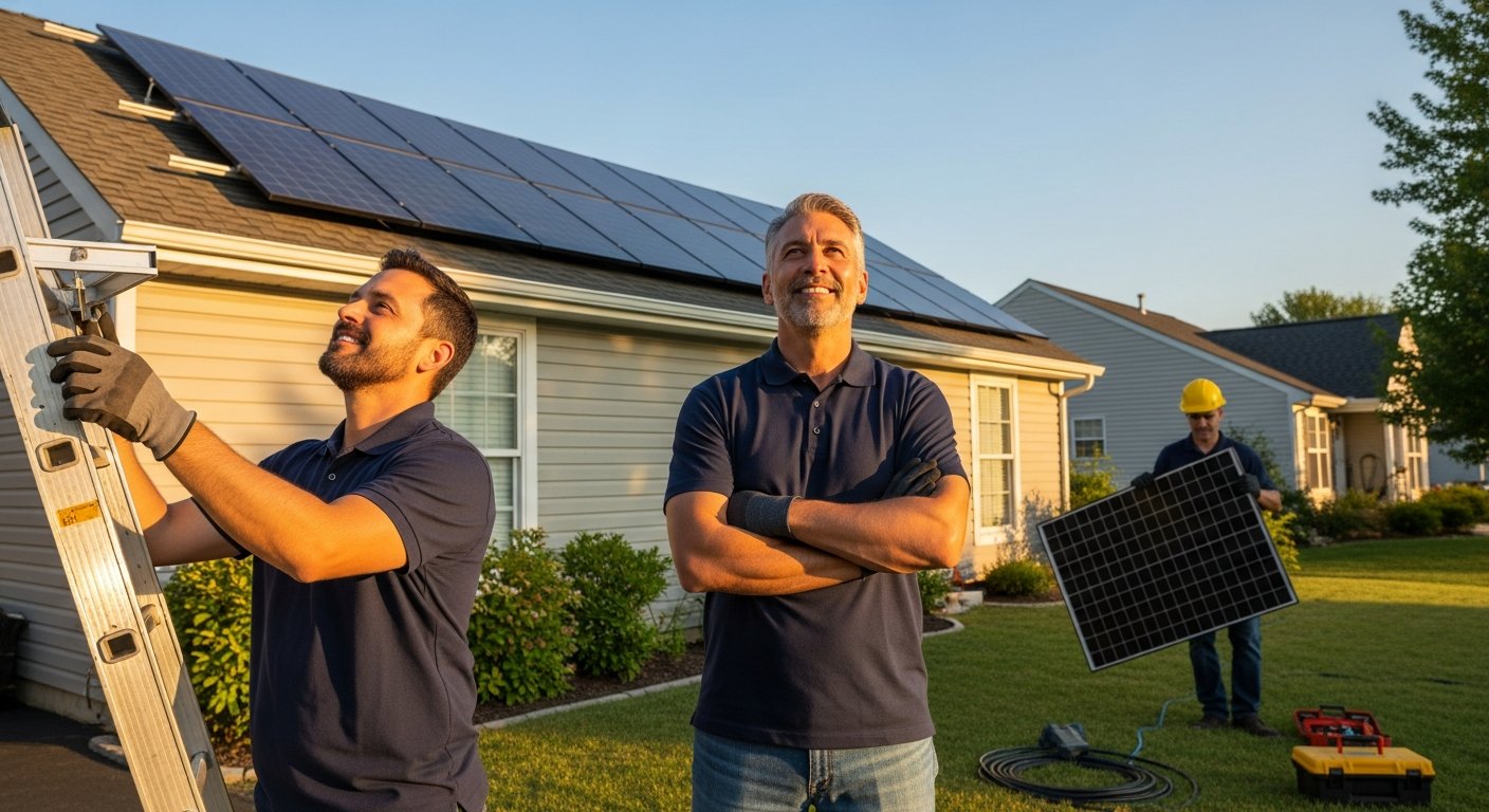 Smiling homeowner stands in driveway looking up at solar panels on roof while installer tightens mounting bracket on ladder