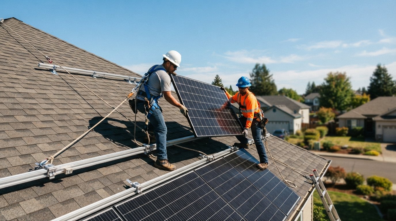 Two solar installers in harnesses and hard hats maneuvering a solar panel on a steep shingled roof, anchored to a fall…