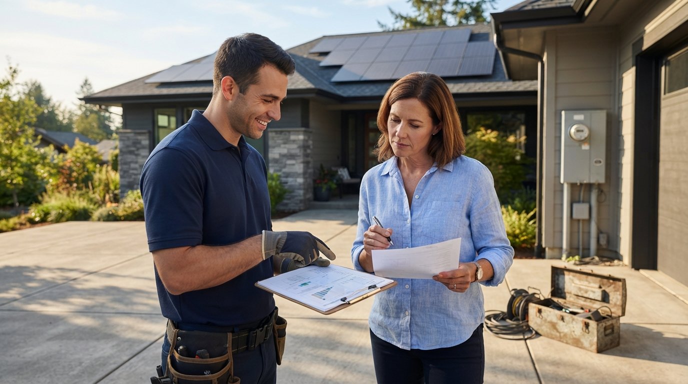 Solar installer in navy polo hands a clipboard quote to a homeowner, who holds another quote and pen, beside a house with…