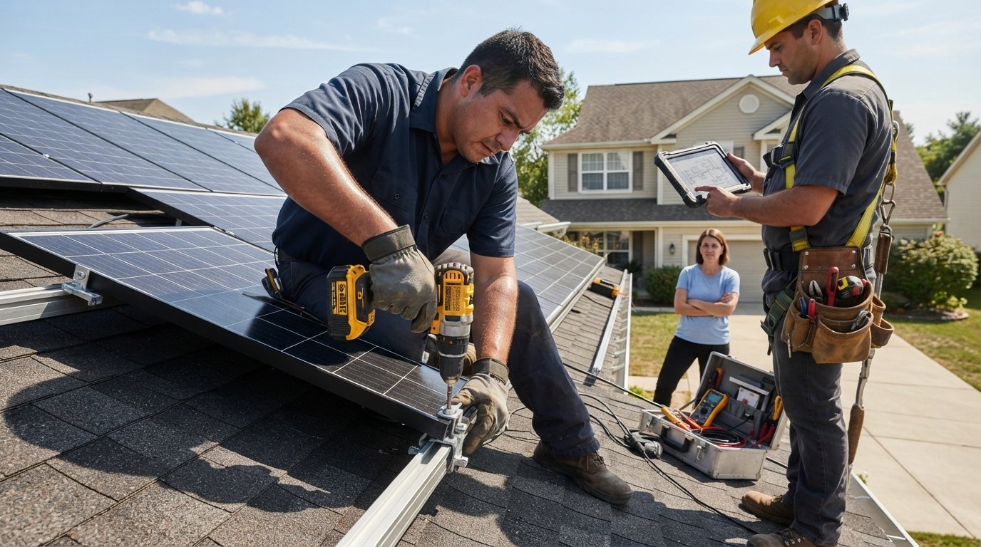 Solar installer in blue shirt and gloves drills a black panel onto roof rack; electrician with hard hat checks tablet.