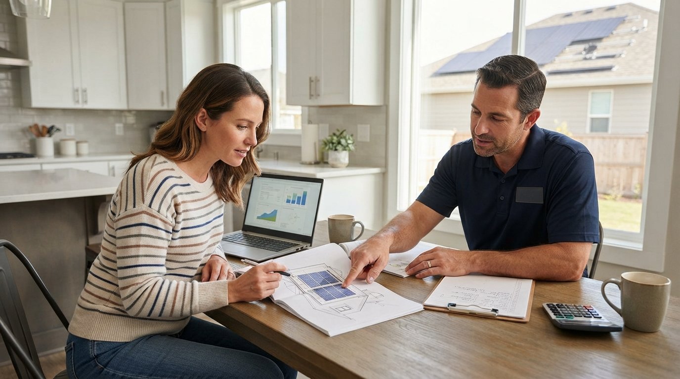Homeowner and solar installer review a proposal and roof diagram at a kitchen table beside a laptop and calculator