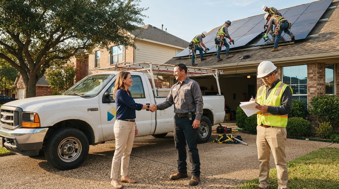 Solar panel crew in safety gear works on a sloped roof while a supervisor reviews paperwork with a homeowner in the driveway