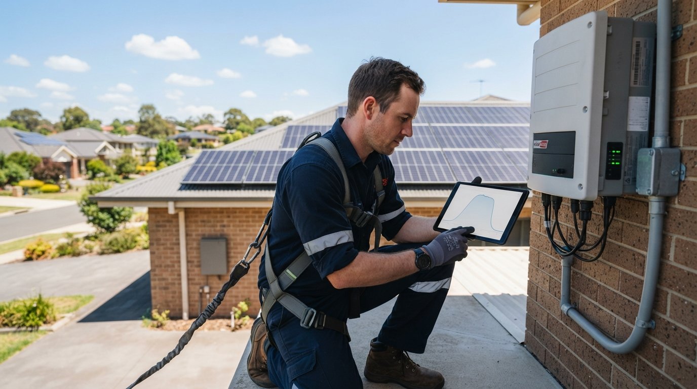 Technician in navy uniform checks a wall-mounted solar inverter while holding a tablet showing a production curve with a…