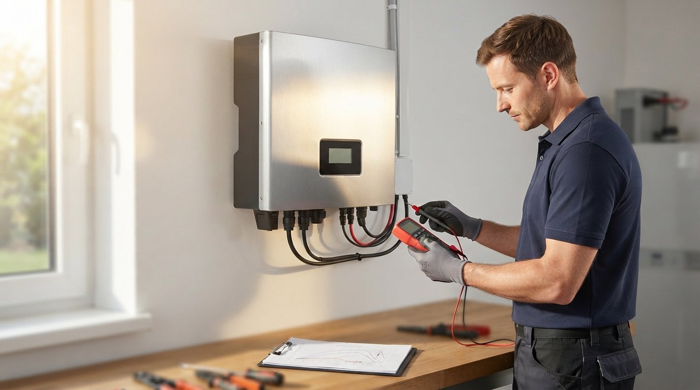 Technician in navy polo testing a brushed aluminum solar inverter with a digital multimeter in a bright utility room
