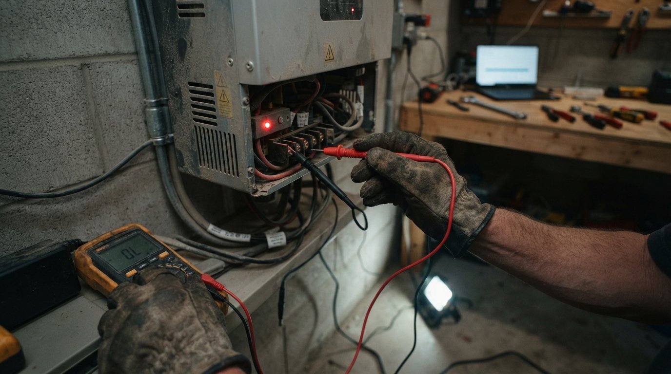 Gloved hand holding multimeter probes to terminals on a wall-mounted solar inverter with a red LED fault light