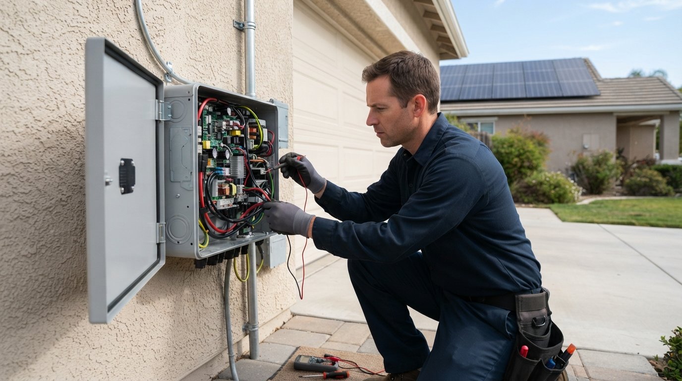 Solar technician in navy uniform and safety gloves kneeling to inspect an open wall-mounted inverter with exposed circuit…