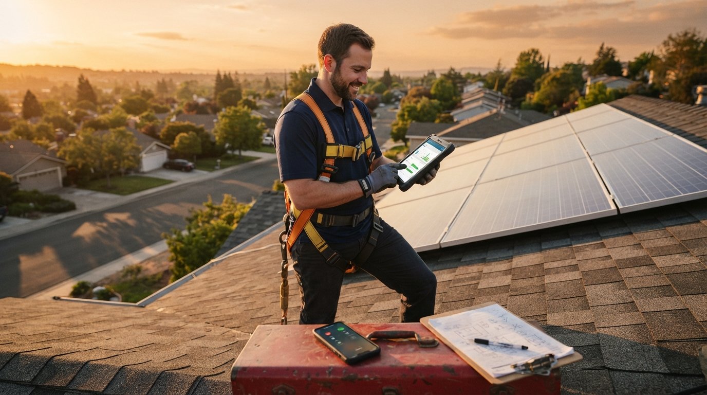 Solar installer in navy polo and safety harness on a residential roof holding a tablet, with solar panels behind him and a…
