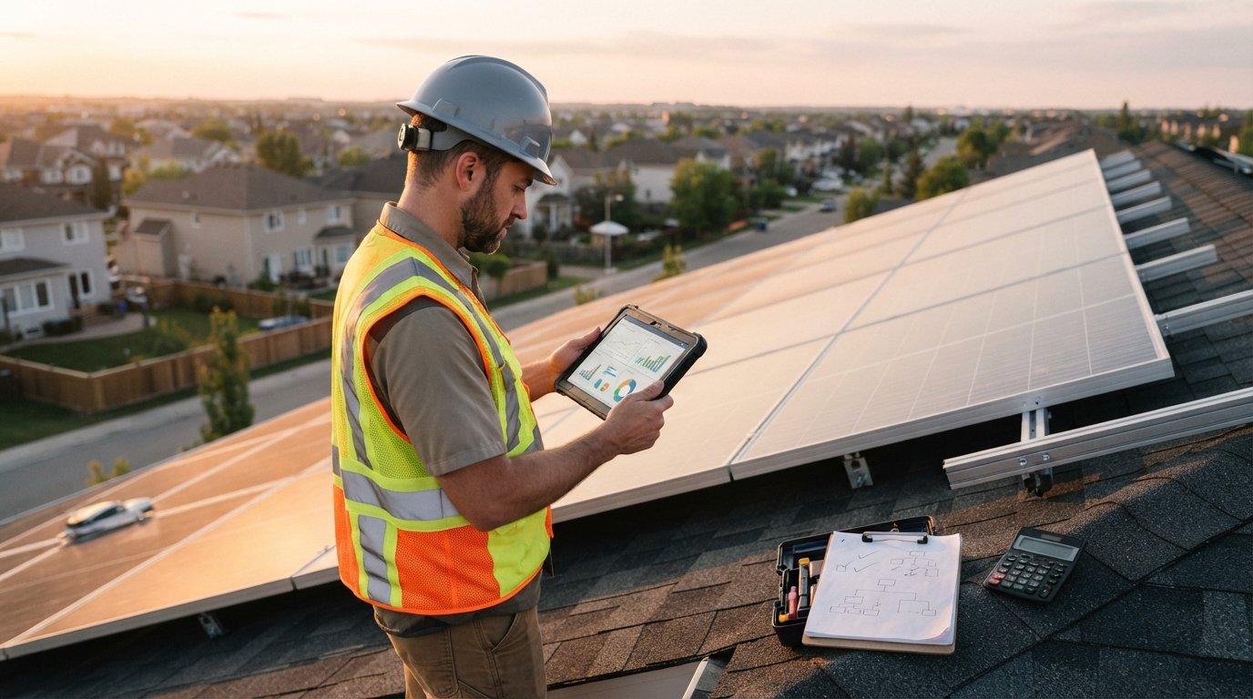 Solar installer in hard hat and safety vest checking a tablet with charts on a residential rooftop beside solar panels at…