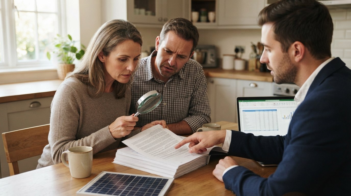 Couple at a kitchen table examining a solar loan contract with a magnifying glass while a salesperson points to a line…