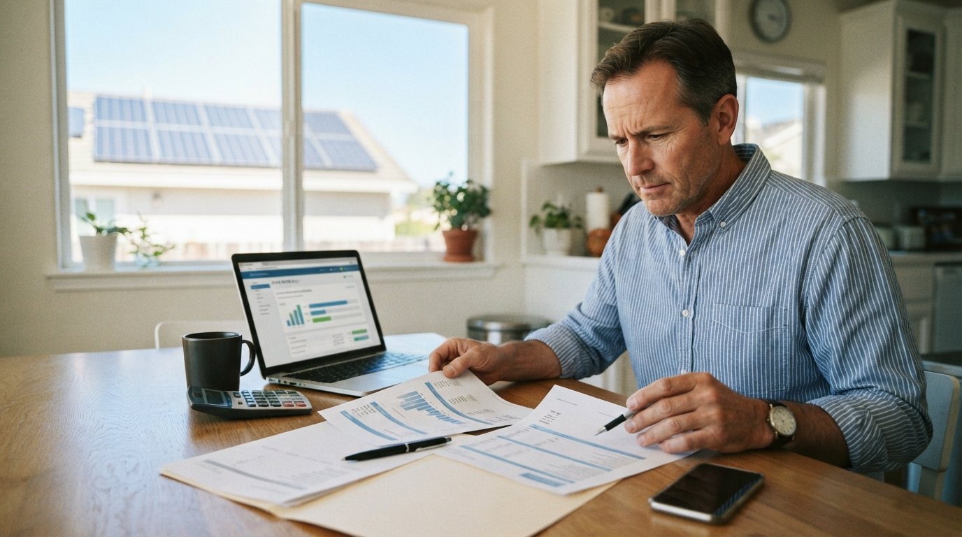 Homeowner comparing two solar loan documents with different interest rates at a sunlit kitchen table, laptop showing a…