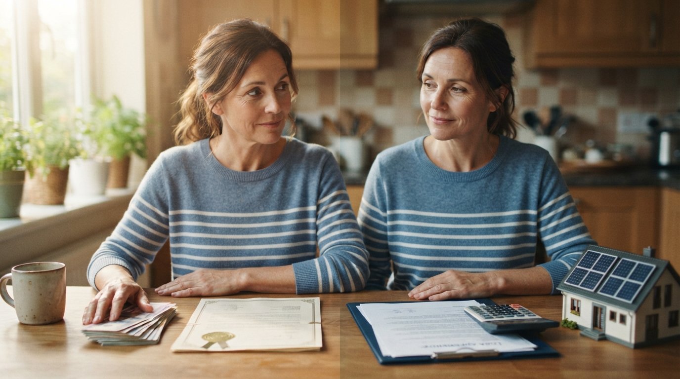 Homeowner at kitchen table comparing cash and house deed with loan folder, calculator, solar panel model, and miniature house