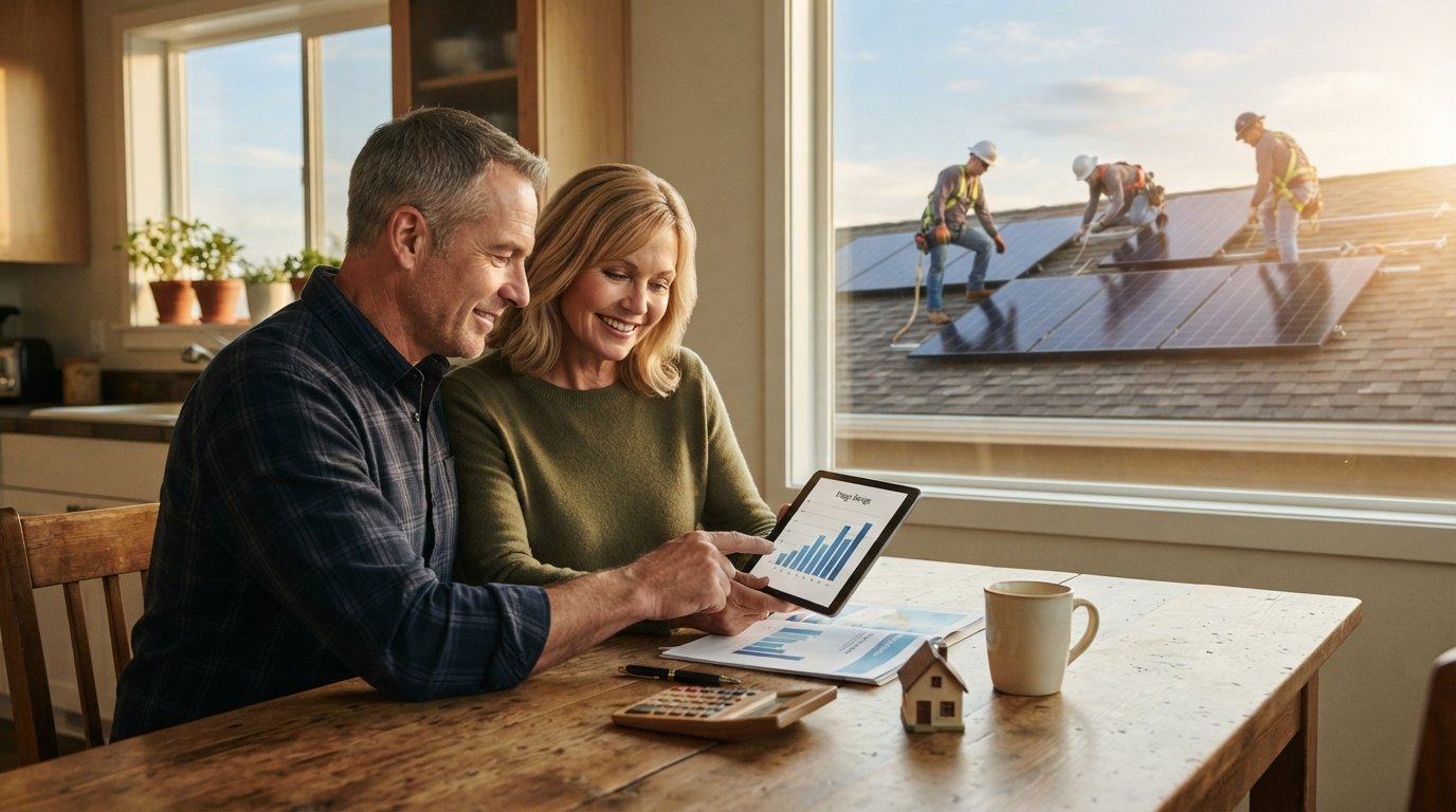 Couple reviewing solar financing documents and a tablet bar graph at a kitchen table while installers mount panels on the…