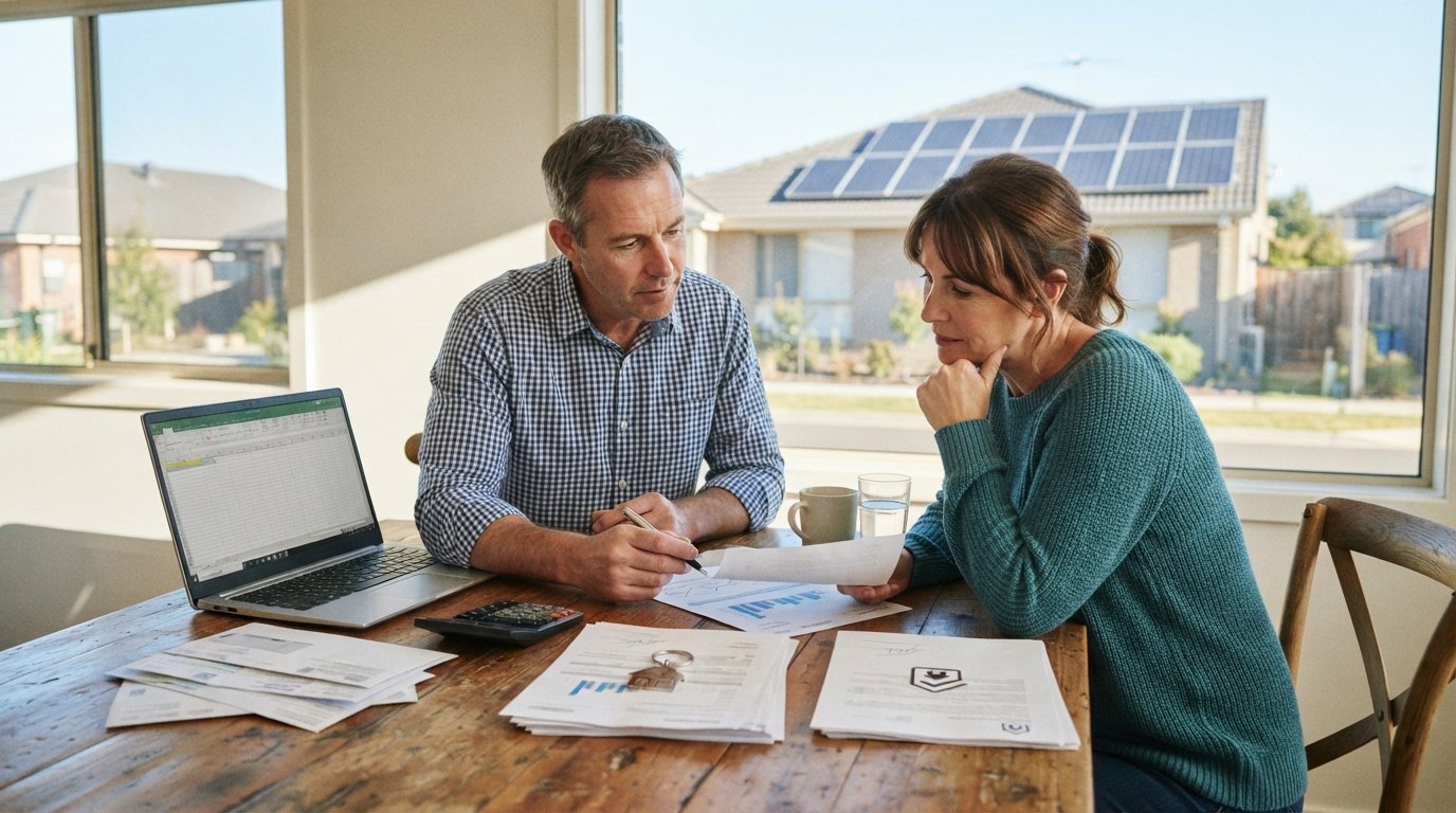 Couple at a kitchen table with a laptop, utility bills, calculator, and two stacks of paperwork, with rooftop solar panels…