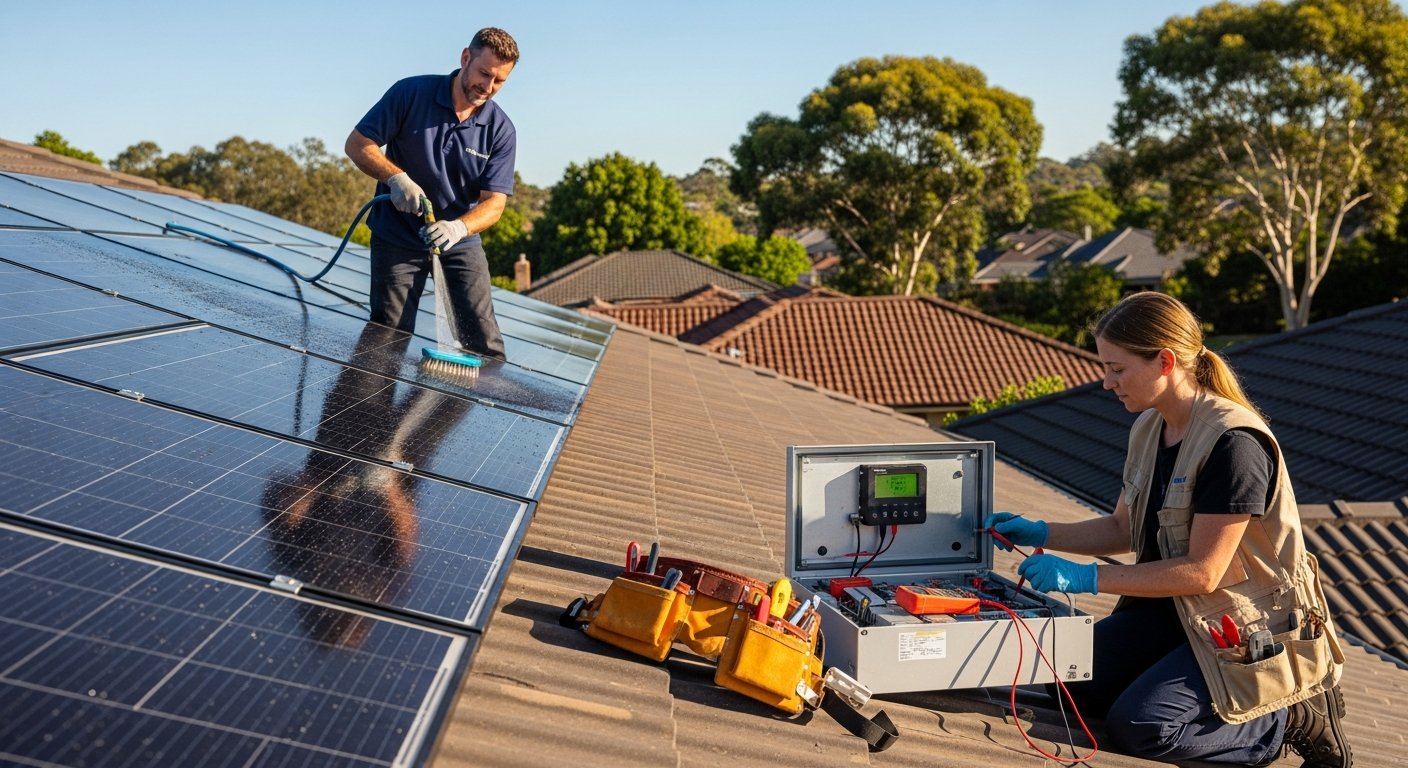 Technician in navy polo and gloves cleans dark solar panels with soft-bristle brush and hose on a residential rooftop;…