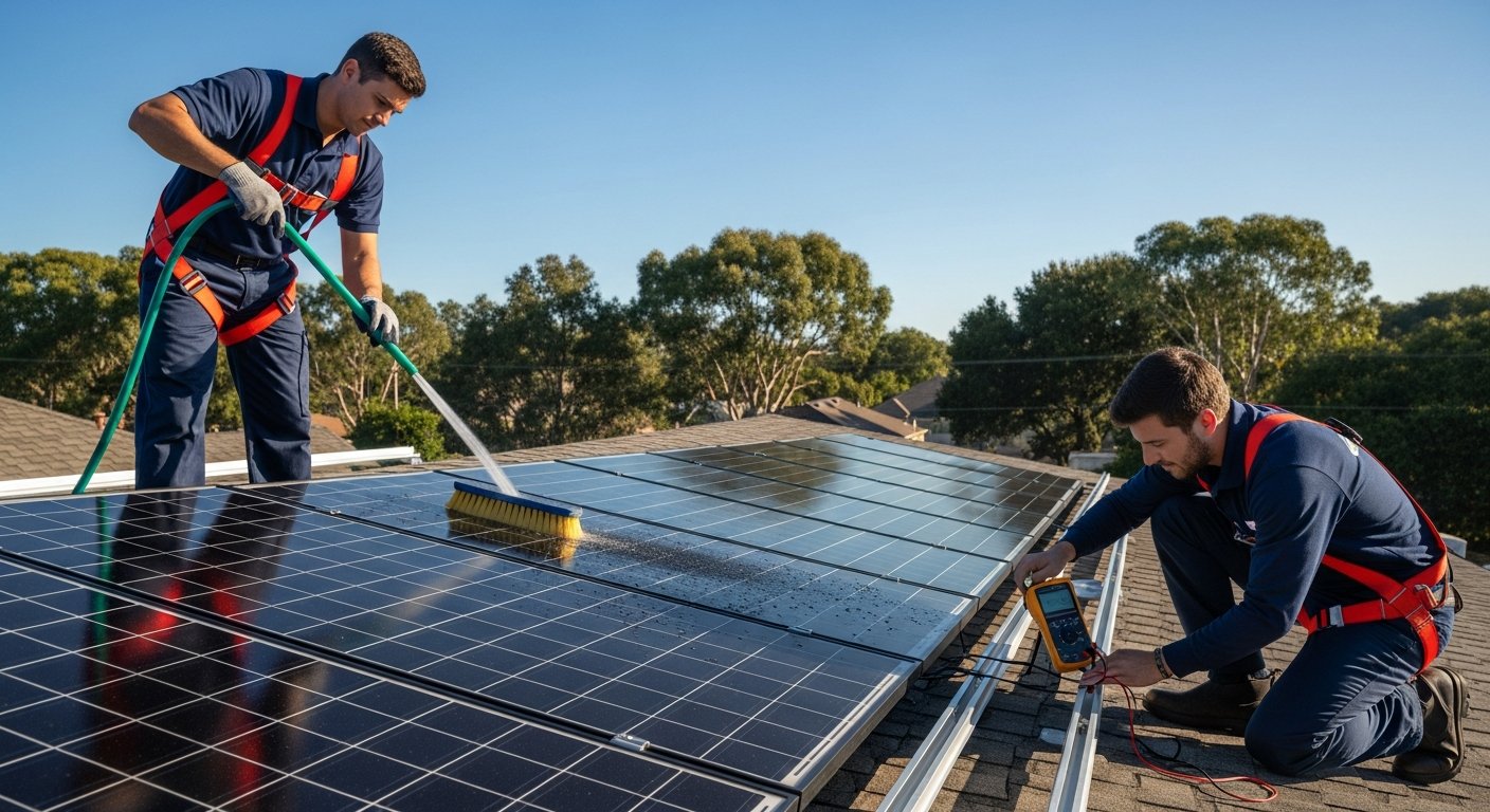 Technician in navy uniform and gloves brushing a dark solar panel on a rooftop while another checks mounting rails with a…
