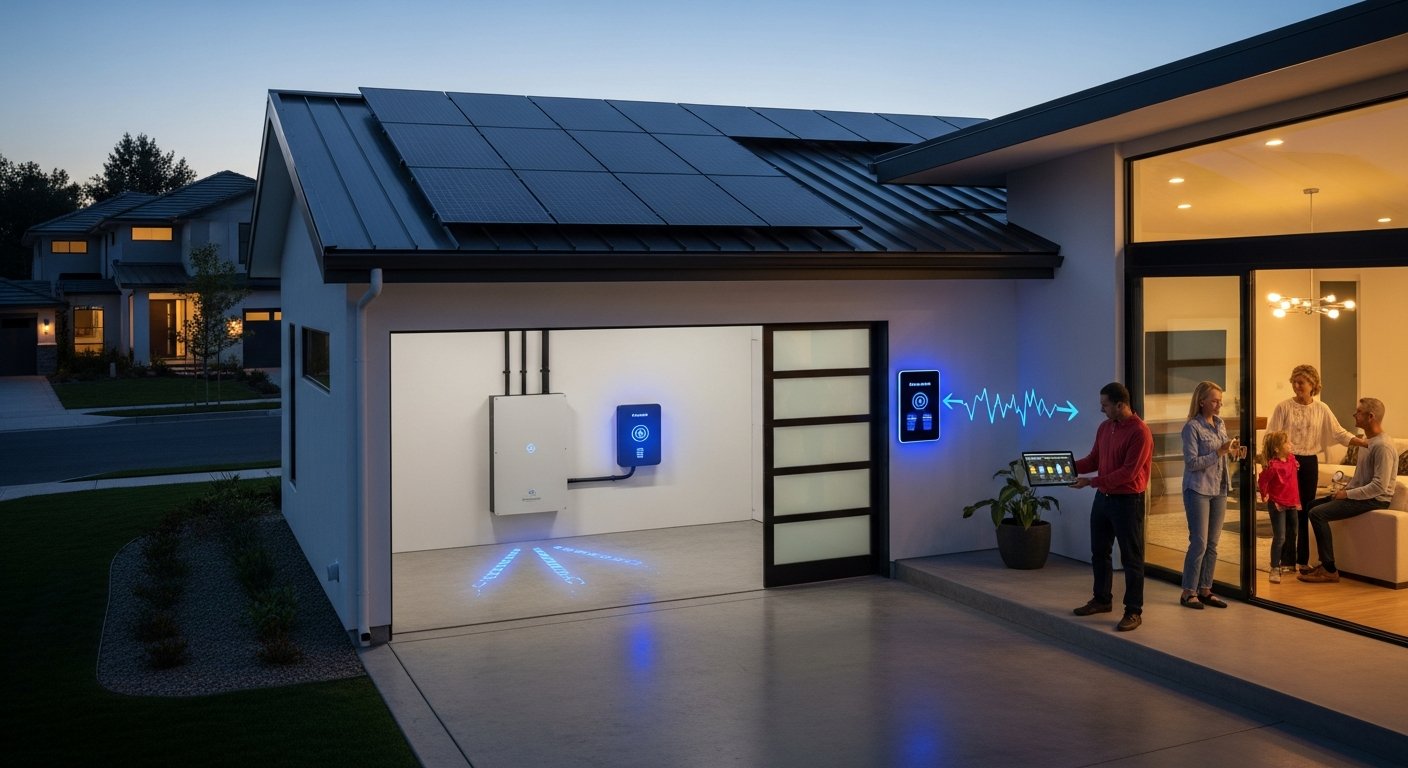 Family in a warmly lit living room viewing a tablet displaying energy flow, while rooftop solar panels and a garage-mounted…
