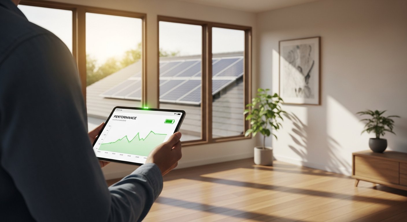 A person standing in a bright living room holds a tablet showing a solar monitoring dashboard, with rooftop panels visible…