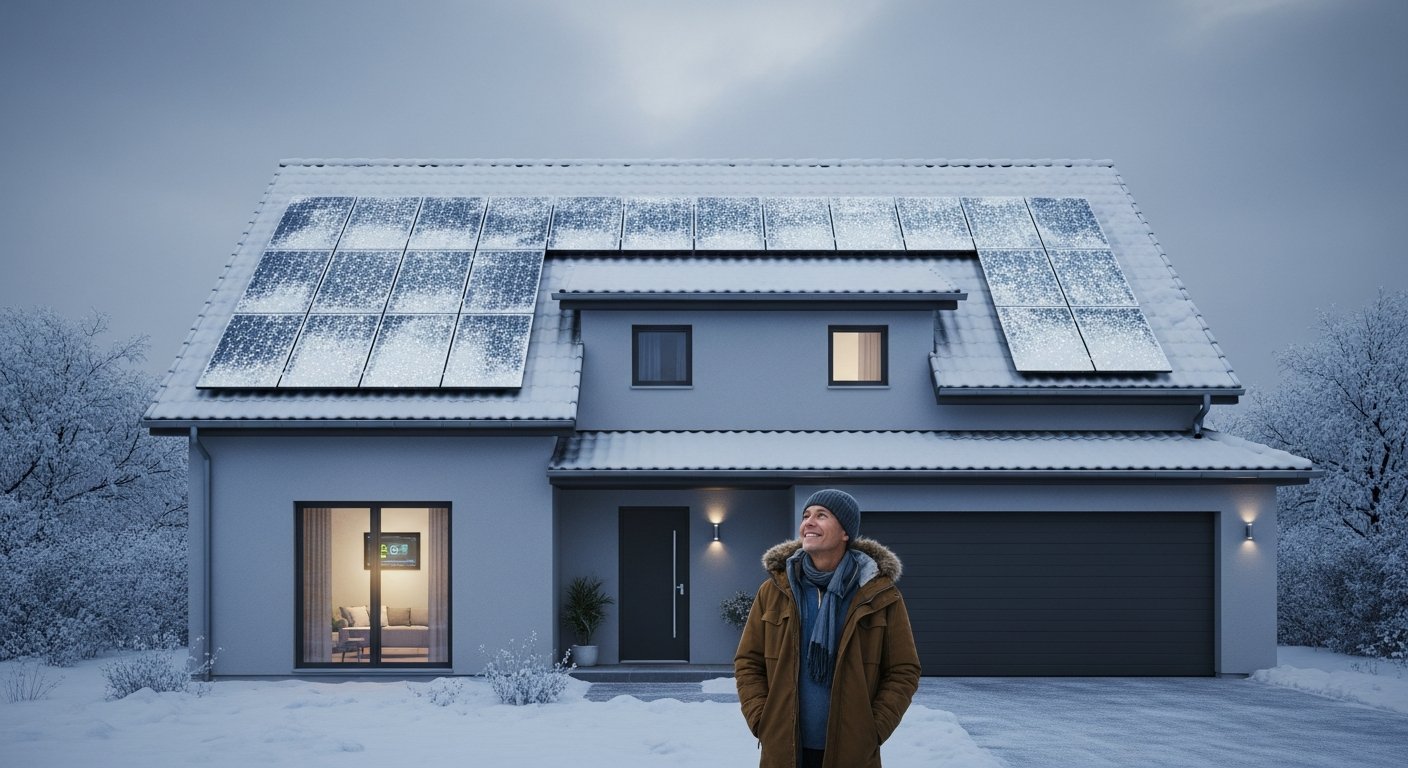 A middle-aged man in a warm jacket stands in a snowy driveway, smiling up at solar panels on the roof of a modern two-story…