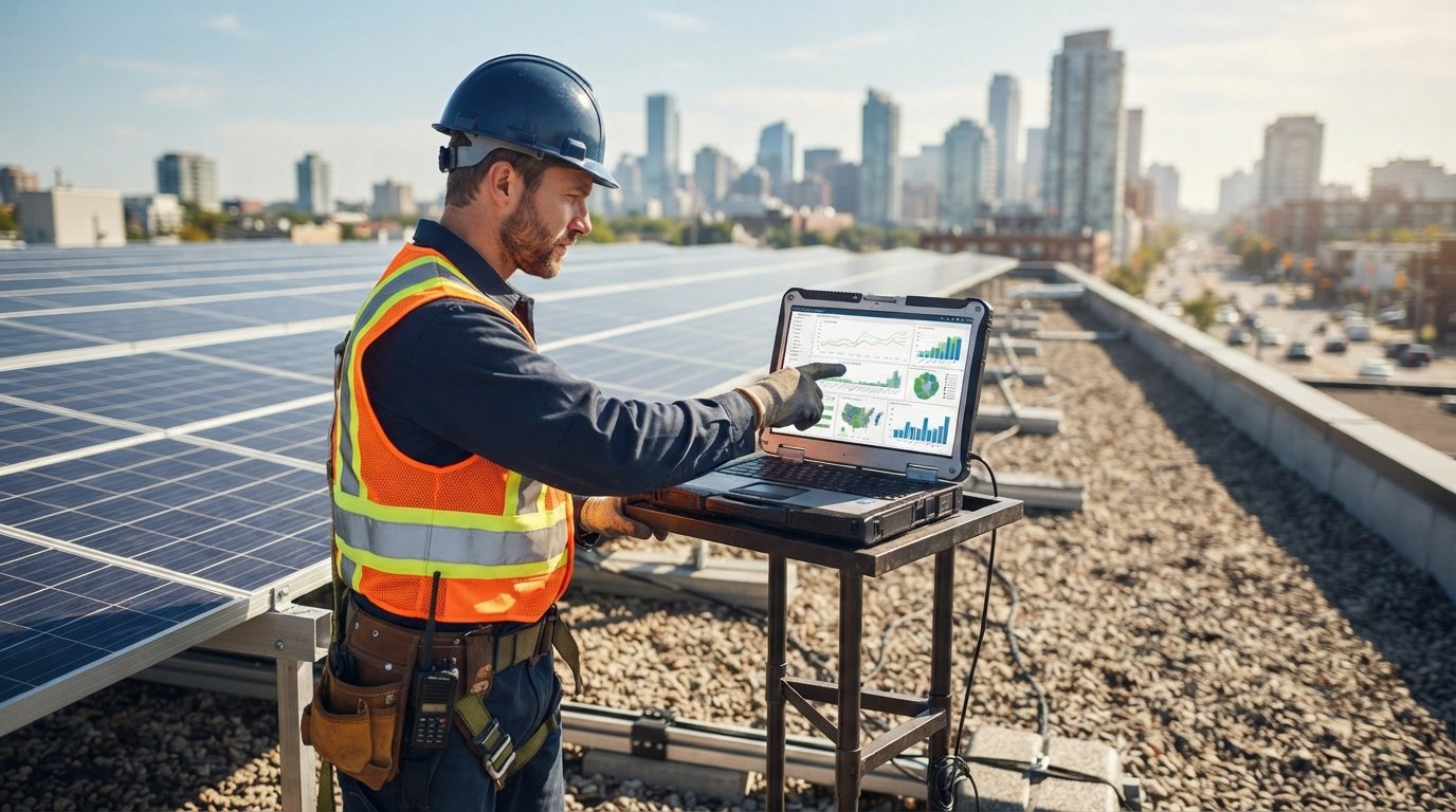 Solar technician in hard hat and safety vest points to data dashboard on laptop overlooking rooftop photovoltaic panels